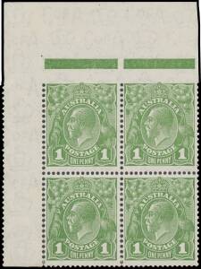 ONE PENNY GREEN: 1d green corner block of 4 from the upper-left of the right-hand pane Imperforate at the Top BW #82b, both the variety units are unmounted, Cat $40,000++ (mounted). Ex Jill Nette, Holding (1982) & Sir Gawaine Baillie: acquired for $34,500