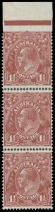 PENNY-HALFPENNY BROWN: 1&frac12;d brown vertical strip of 3 from the top of the sheet Imperforate at the Top BW #94b, very lightly mounted, Cat $12,500. The ACSC states that 11 examples are recorded including a block of 4 & a vertical block of 8. [Sir Gawaine Ba
