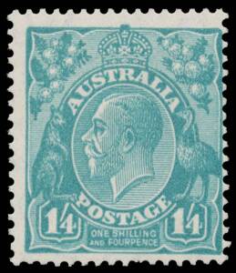 ONE SHILLING & FOURPENCE GREENISH BLUE: 1/4d deep turquoise BW #131C, very lightly mounted, Cat $6000. Michael Drury Certificate (2015).