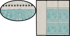 ONE SHILLING & FOURPENCE GREENISH BLUE: 1/4d turquoise-blue upper-left corner block of 4 with Defective Top Frame & Cross on Crown and Tiny White Flaw on Emu's "Tail" [sic] BW #131d & e, unmounted, Cat $2400++. Superb!