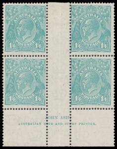 ONE SHILLING & FOURPENCE GREENISH BLUE: 1/4d deep greenish blue Ash Imprint block of 4 BW #131Az, the lower units are unmounted, Cat $1000 (mounted).