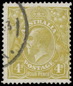 WATERMARK INVERTED VARIETIES: 4d olive BW #117a (129w), bold WA cds, Cat $20,000 (&pound;10,000). Michael Drury Certificate (2015). The ACSC states "At least six examples with watermark inverted - all used - have been recorded". [Stuart Hardy's and Julian Ster