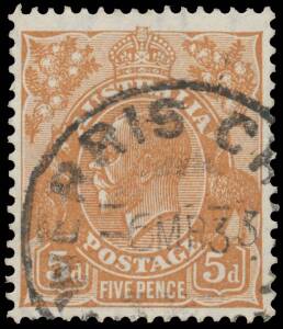 WATERMARK INVERTED VARIETIES: 5d yellow-brown BW #127a (130w), well centred, 'WERRIS CREEK/6MR33/NSW' cds, Cat $12,500 (&pound;8000). Michael Drury Certificate (2015). The ACSC states "Approximately eleven used examples - and no mint - with watermark inverted 