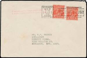 POSTAL FORGERY: 2d red on gummed unwatermarked paper Perf 11 BW #103cc two examples - one very fine, the other torn in half before being affixed (and obvious only on close examination) - tied to a cover to Adelaide by Sydney 'POST EARLY IN THE DAY' slogan