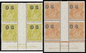 OVERPRINTED 'OS': &frac12;d to 5d plus Small Multiple Watermark 4d "set" of Ash Imprint blocks of 4, the 1d with hinge remainders, the others are unmounted, $1300+ (mounted). (6 blocks)