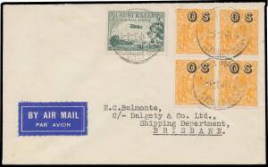 OVERPRINTED 'OS': &frac12;d orange block of 4 (plus Airmail 3d green punctured 'OS') tied to plain Belmonte cover to Brisbane by '2 AIR MAIL 2/8JE32/SYDNEY-NSW' cds being the official First Day of Issue, 'BRISBANE/9JE32/QLD' arrival b/s. Unlisted in the ACSC. Th