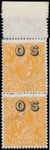 OVERPRINTED 'OS': &frac12;d orange with the Overprint Inverted BW #69(OS)c (SG O128) being the upper unit in a reconstructed vertical pair from the top of the sheet with two paper tabs from the Official Substitution of One or More Defective Units, CTO with light