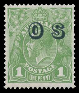 OVERPRINTED 'OS': 1d green with the Watermark Inverted BW #82(OS)a (SG O129w), one slightly pulled perf at right, very lightly mounted, Cat $2500 (&pound;1300). Michael Drury Certificate (2015).