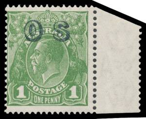 OVERPRINTED 'OS': 1d green with the Watermark Reversed BW #82(OS)aa (SG O129x) marginal example from the right of the left-hand pane, minor blemishes on the reverse, Cat $4500 (&pound;2250). Michael Drury Certificate (2015).