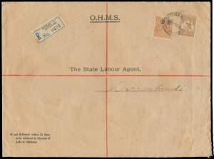 OVERPRINTED 'OS': 5d yellow-brown BW #127(OS) and Kangaroo 6d brown punctured 'OS' on Director of Labour (Queensland) linen-lined cover (254x190mm), Brisbane cds and blue & black/white registration label, 'DIRRANBANDI' arrival backstamp, minor damp-spotti