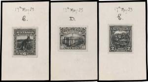 Set of photographic reductions to stamp-size of original artwork for five designs submitted to the Australian High Commissioner in London, comprising 2d KGV x2 variations on the theme, 6d Kangaroo, 10d Federal Parliament House (Melbourne) & 2d Ferns and e