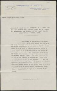 REQUISITION FOR THE DIE: Undated copy letter on PMG's Department letterhead being AJ Mullett's instructions to Waterlow & Son (London) re the engraving of the die: "...the printers plates will be made in Australia...The die should not be hardened as this 