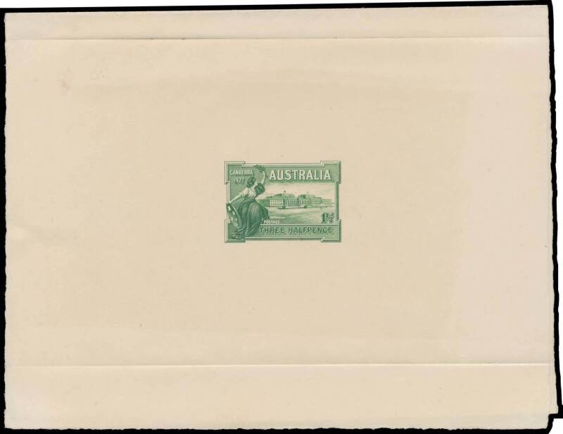 PROGRESSIVE DIE PROOFS State 3: The Sky is Largely Completed, Lettering 'THREE HALFPENCE' is Complete, & Shading Lines have been added to the Shield & elsewhere BW #132DP(3)B in bright green, the embossed number omitted, Cat $20,000. Superb! Illustrated b