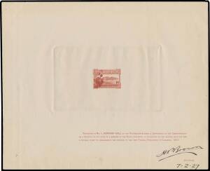 PRESENTATION DIE PROOFS: 1½d die proof in carmine-lake on wove paper (235x190mm) with printed inscription 'PRESENTED TO MR L BERNARD HALL..." and signed "HP Brown/7-2-27" at lower-right BW #132DP(8)B, minor blemishes mostly on the reverse, Cat $15,000. An