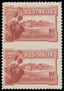 ISSUED STAMPS: 1½d vertical pair Imperforate Between BW #132b (SG 105a), above-average centring for this error, minor crease at upper-left, very lightly mounted, Cat $5000 (Cat £5000). The ACSC states "22 pairs have been identified...[including] a block o