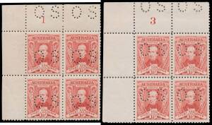 PUNCTURED 'OS': 1½d upper-left corner blocks of 4 with Plate Numbers '1' to '8' complete BW #139baz to zg, Number '8' with a minor stain in the margin otherwise very fine to superb, a few mounted in the margin but all units are unmounted, Cat $2600+ (moun