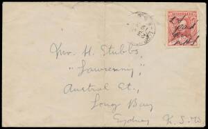 LORD HOWE PROVISIONAL: 1½d carmine-red affixed to a commercial cover & just tied - at right by "PM" - by manuscript endorsement "2d/paid/PM/LHI" BW #139c to Sydney with poor 'LORD HOWE_ ISLAND/23AU/1930/NSW' cds alongside, roughly opened (fortunately with