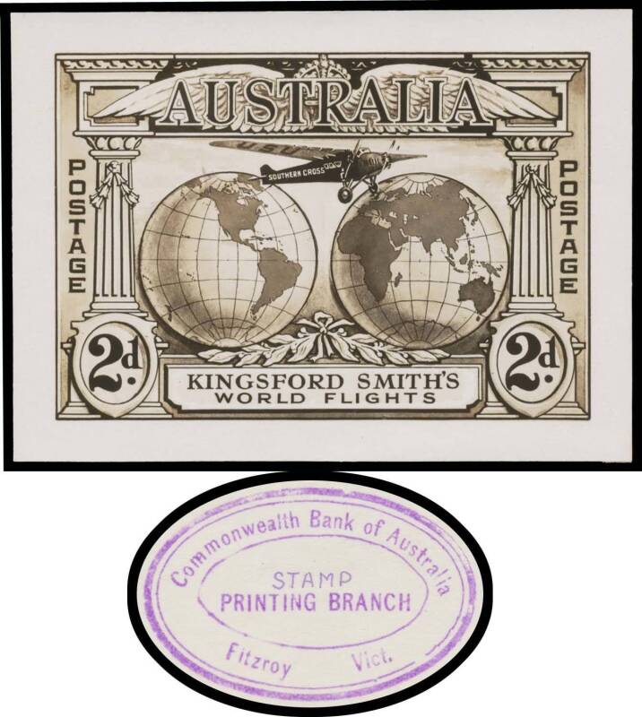 ORIGINAL ARTWORK: Official photographic reduction to 200% stamp-size of Frank Manley's original artwork showing the "Southern Cross" flying to the East, oval 'Commonwealth Bank of Australia/STAMP/PRINTING BRANCH/Fitzroy Vict' [sic] cachet in violet on the