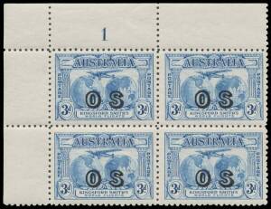 OVERPRINTED 'OS': 3d blue upper-left corner block of 4 with Plate Number '1' BW #142(OS)z, all units are unmounted, Cat $6000+ (mounted). Superb! Ex Alex Hick.