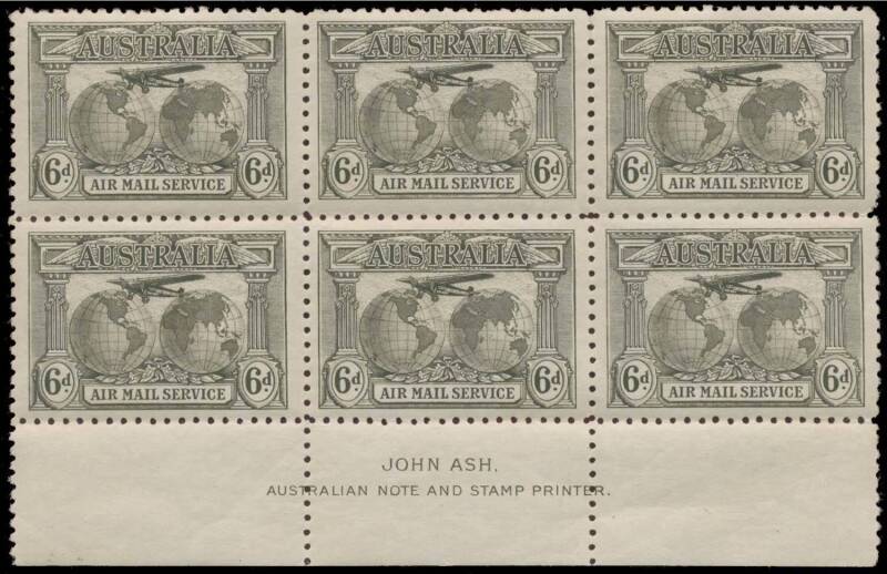 JOHN ASH IMPRINT BLOCKS: Exhibit page with 6d dull brown & 6d grey-brown blocks of 6 BW #144zd & ze, the latter with the lower units unmounted, the former unmounted, Cat $500 minimum. [The grey-brown block - from the 1934 printing - is stated to be from P