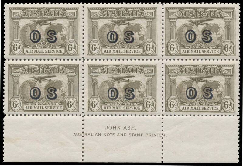 OVERPRINTED 'OS': 6d dull brown John Ash imprint block of 6 BW #144(OS)zd, unmounted, Cat $375. Superb!