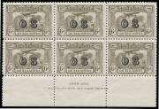 OVERPRINTED 'OS': 6d dull brown John Ash imprint block of 6 BW #144(OS)zd, unmounted, Cat $375. Superb!