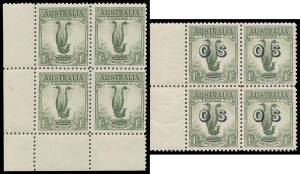 THE STANDARD ISSUE: Two marginal blocks of 4 in slightly different colours, one overprinted 'OS', unmounted, Cat $700+. (2 blocks)