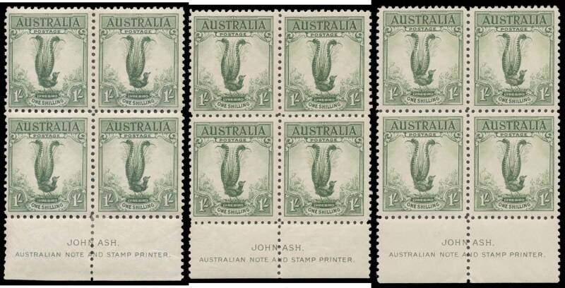 THE STANDARD ISSUE: 1/- John Ash Imprint blocks of 4 BW #145za in green (mounted), yellowish green (unmounted & superb) and an intermediate shade (aged gum but unmounted), Cat $1725+.