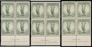 THE STANDARD ISSUE: 1/- John Ash Imprint blocks of 4 BW #145za in green (mounted), yellowish green (unmounted & superb) and an intermediate shade (aged gum but unmounted), Cat $1725+.