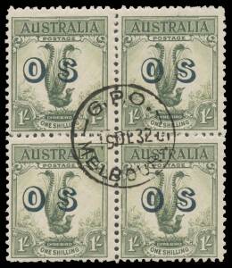 OVERPRINTED 'OS': 1/- green block of 4, CTO with central 23mm 'GPO/19DE32/MELBOURNE' cds and full unmounted o.g., Cat $200++. Superb!