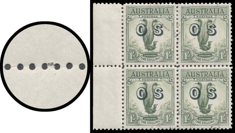 OVERPRINTED 'OS': 1/- green marginal block of 4 from the left of the sheet with a single "Plate Dot" between the perforations in the margin BW #145(OS)z, CTO but with a non-GPO Victorian cds, large-part o.g. with the lower units being unmounted, Cat $1250