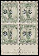 OVERPRINTED 'OS': 1/- green John Ash Imprint block of 4 BW #145(OS)za, very lightly mounted, the lower units unmounted, Cat $475+ (mounted). Superb!