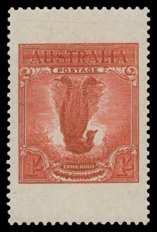 CHAMBON "ESSAYS": 1937 1/- in deep red BW #145PP(1)A, exceptional centring, a couple of very minor marks on the reverse, lightly mounted, Cat $1000. The ACSC states that the so-called "Chambon Essays" - with 'AUSTRALIA' and 'ONE SHILLING' scored through