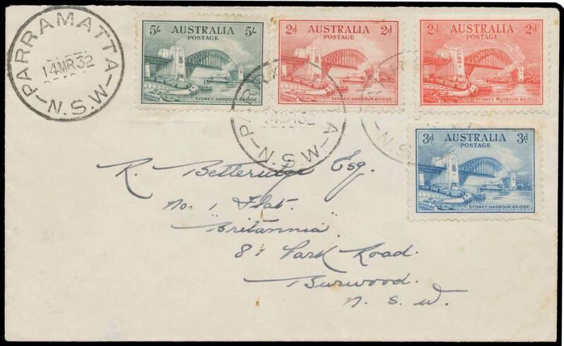 FIRST DAY COVER: 2d red (both), 3d blue & 5/- green - the complete set - tied to plain cover by 'PARRAMATTA/14MR32/NSW' cds being the First Day of Issue BW #148ya, all stamps are extremely well centred, a couple of very minor blemishes, Cat $6000. The ACS