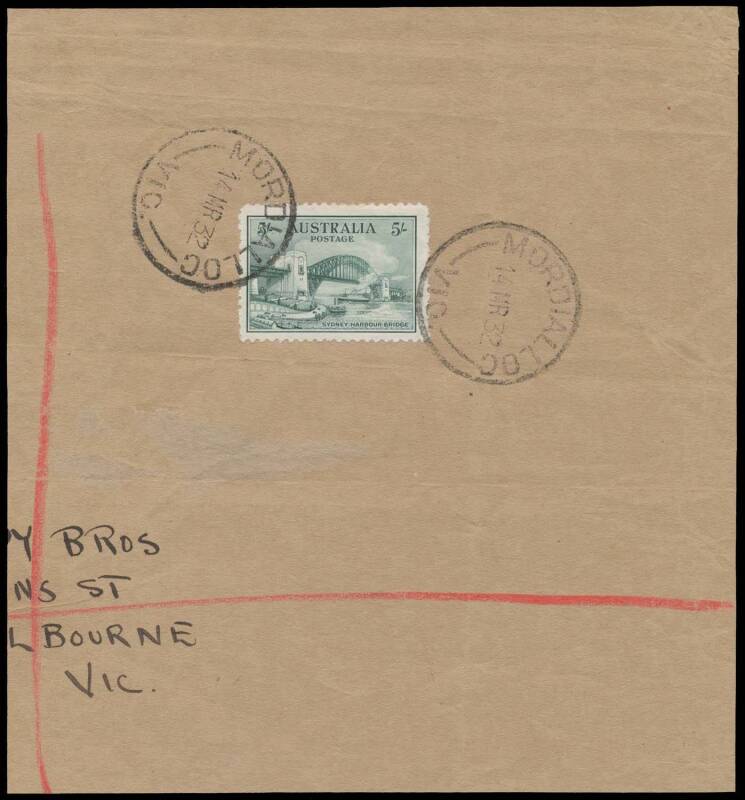 FIVE SHILLINGS GREEN: 5/- green tied to large parcel piece to Melbourne by two strikes of the 'MORDIALLOC/14MR32/VIC.' cds being the official First Day of Issue BW #148y, minor surface thinning well clear of the stamp which is very well centred & very fin