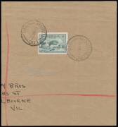 FIVE SHILLINGS GREEN: 5/- green tied to large parcel piece to Melbourne by two strikes of the 'MORDIALLOC/14MR32/VIC.' cds being the official First Day of Issue BW #148y, minor surface thinning well clear of the stamp which is very well centred & very fin