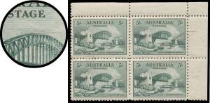 FIVE SHILLINGS GREEN: 5/- green block of 4 from the upper-right of Sheet A, the first unit with Retouch over Centre of the Bridge BW #148d, exceptional centring, CTO well clear of the variety, full unmounted o.g., Cat $1650++. A delightful positional bloc