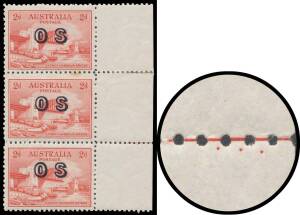 OVERPRINTED 'OS': 2d red marginal vertical strip of 3 from the right of the sheet with Three Plate Dots below Red Line BW #146(OS)zb, a few blemishes, unmounted, Cat $2500 (for a mounted block of 4).