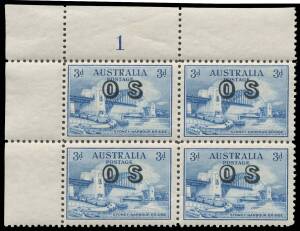 OVERPRINTED 'OS': 3d blue upper-left corner blocks of 4 with Plate Numbers '1' to '4' BW #147(OS)z to zc, the last with some very minor gum-toning at the base, all units are unmounted, Cat $1100. '2' & '3' are superb! (4 blocks)