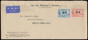 OVERPRINTED 'OS': 2d & 3d tied to CSIRO cover by air to the Northern Territory by 'CANBERRA/25NOV/1932/FCT AUST' machine cancellation, Brisbane transit backstamp, both stamps damaged before being affixed otherwise this cover is superb, Cat $800 for just t