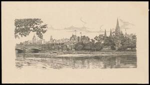 ORIGIN OF THE DESIGN: Die proof of an engraving on copper of a very similar scene of the Yarra River and the Melbourne Skyline, in black-brown on thin yellowish card (156x88mm). A lovely item, attributed to Frank Davies Manley and almost certainly by him.