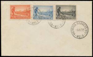 PERF 10½: 2d 3d & 1/- tied to plain cover by 'VICTORIA MARKETS No 1/2JL34/MELB' cds BW #153y, very minor blemishes, unaddressed, Cat $750. Other FDCs of this era we have seen cancelled at Victoria Market are attractively hand-illustrated. We expect this c