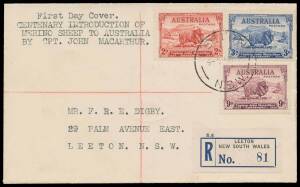 FIRST DAY COVER: 2d 3d & 9d tied to plain cover by 'LEETON/1NO34/NSW' datestamp (a superb strike on the reverse) being the official First Day of Issue BW #160y, locally addressed with blue & black/white registration label, Cat $550. Superb! [NB: The typed