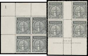 ONE SHILLING: 1/- black Plate Number '1' & '2' upper-left blocks of 4 BW #165z & za, plus John Ash Imprint block of 4 #165zb (one unit very lightly mounted), unmounted, Cat $1500. The ACSC states "Imprint blocks are relatively scarce because a proportion 