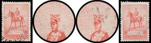 TWOPENCE: 2d carmine with Swarm of Flies Around King's Head States I & II BW #166(6)e & ea, both with light cds clear or largely clear of the varieties, Cat $650. A rare pair. [Overseas clients may be amused to learn that in the Outback, the pesky blowfly