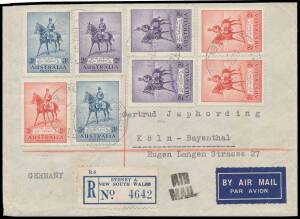 TWO SHILLINGS: 2/- violet x3 plus 2d x3 & 3d x2 on 1935 quadruple rate airmail cover to Germany, light Sydney cds of 14MY35 and blue/white registration label, 'BRINDISI TRANSITO/RACCOMAND' & 'KOLN' transit BACKSTAMPS, superb 'KOLN/27.5.35/BAYENTHAL e' arr