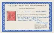 ONE PENNY RED SINGLE-LINE PERF: 1d carmine-red with Small Dot on 'Y' of 'PENNY' (Pregnant 'Y'; Early State) BW #70(2)m, Horsham (Vic) cds well clear of the variety, Cat $2500. Superb! Michael Drury Certificate (2015). - 3