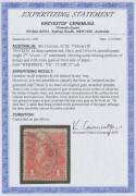 ONE PENNY RED COMB PERF SMOOTH PAPER: 1d carmine Major "Tin Shed" Variety (Splodgy King), 'WERRIBEE/25MR15/VIC' cds. A nice example of a lack of sizing in the paper causing white voids in parts of the design. Chris Ceremuga Certificate (2005) states "Genu - 3