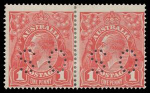 PUNCTURED 'OS': Smooth Paper 1d carmine Dies II-I horizontal pair BW #71(1)ic additionally with 'OS' Inverted, the central perfs reinforced, Cat $1250+. Ex Greg Deleuil. Michael Drury Certificate (2015).