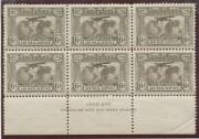 JOHN ASH IMPRINT BLOCKS: Exhibit page with 6d dull brown & 6d grey-brown blocks of 6 BW #144zd & ze, the latter with the lower units unmounted, the former unmounted, Cat $500 minimum. [The grey-brown block - from the 1934 printing - is stated to be from P - 2